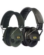 Sordin Supreme Pro-X LED hearing protection headsets with leather headbands, black and green cup variants shown.
