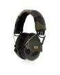 Sordin Supreme Pro-X LED hearing protection headset with camouflage headband, LED light off, shown from left side.