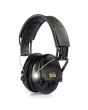 Sordin Supreme Pro-X LED hearing protection headset with leather headband, LED light on, shown from left side.