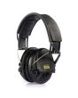 Sordin Supreme Pro-X LED hearing protection headset with leather headband, LED light off, shown from left side.
