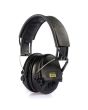 Sordin Supreme Pro-X Electronic Hearing Protection Headset, black cup variant with leather headband shown from left side.