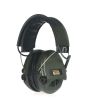 Sordin Supreme Pro-X Electronic Hearing Protection Headset, green cup variant with leather headband shown from left side.