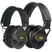 Sordin Supreme Pro-X LED hearing protection headsets with leather headbands, black and green cup variants shown.